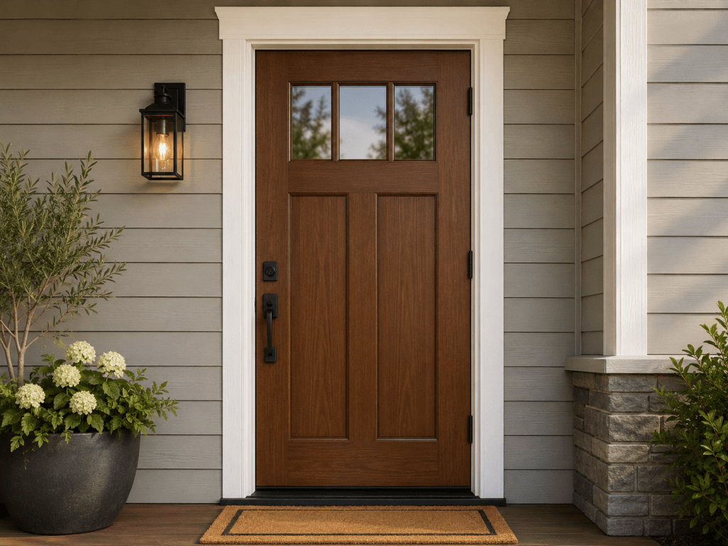 Closed single hinged wood entry door with black handle, visible side hinges, exterior trim and residential porch