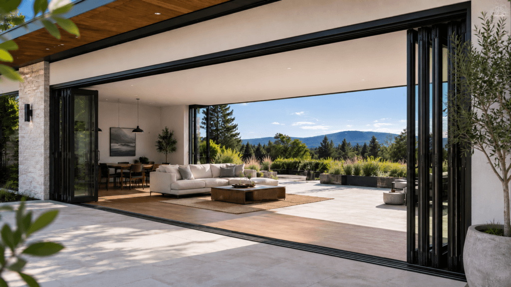 Large residential multi-panel door system opening to a patio with modern black frames and expansive glass