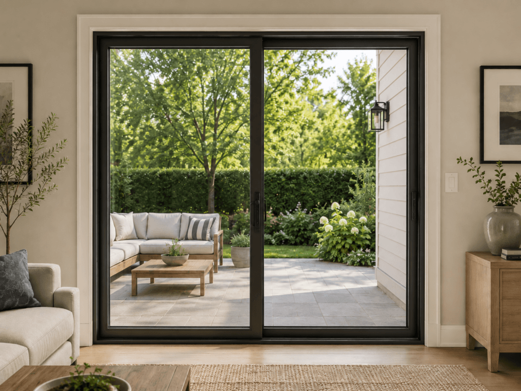 Modern sliding patio door with large black-framed glass panels connecting a living room to an outdoor patio