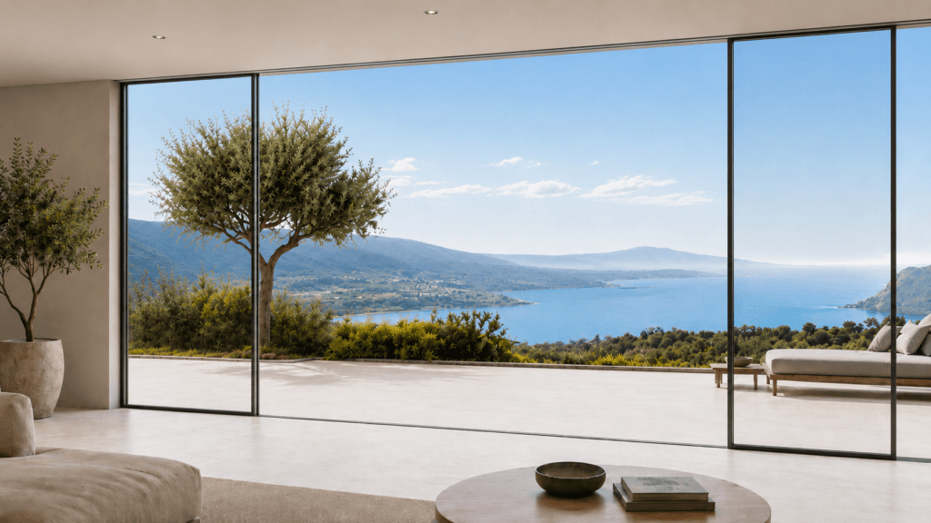 Top-hung sliding stacking glass door system with individual black-framed panels collected neatly at the side of a wide residential opening