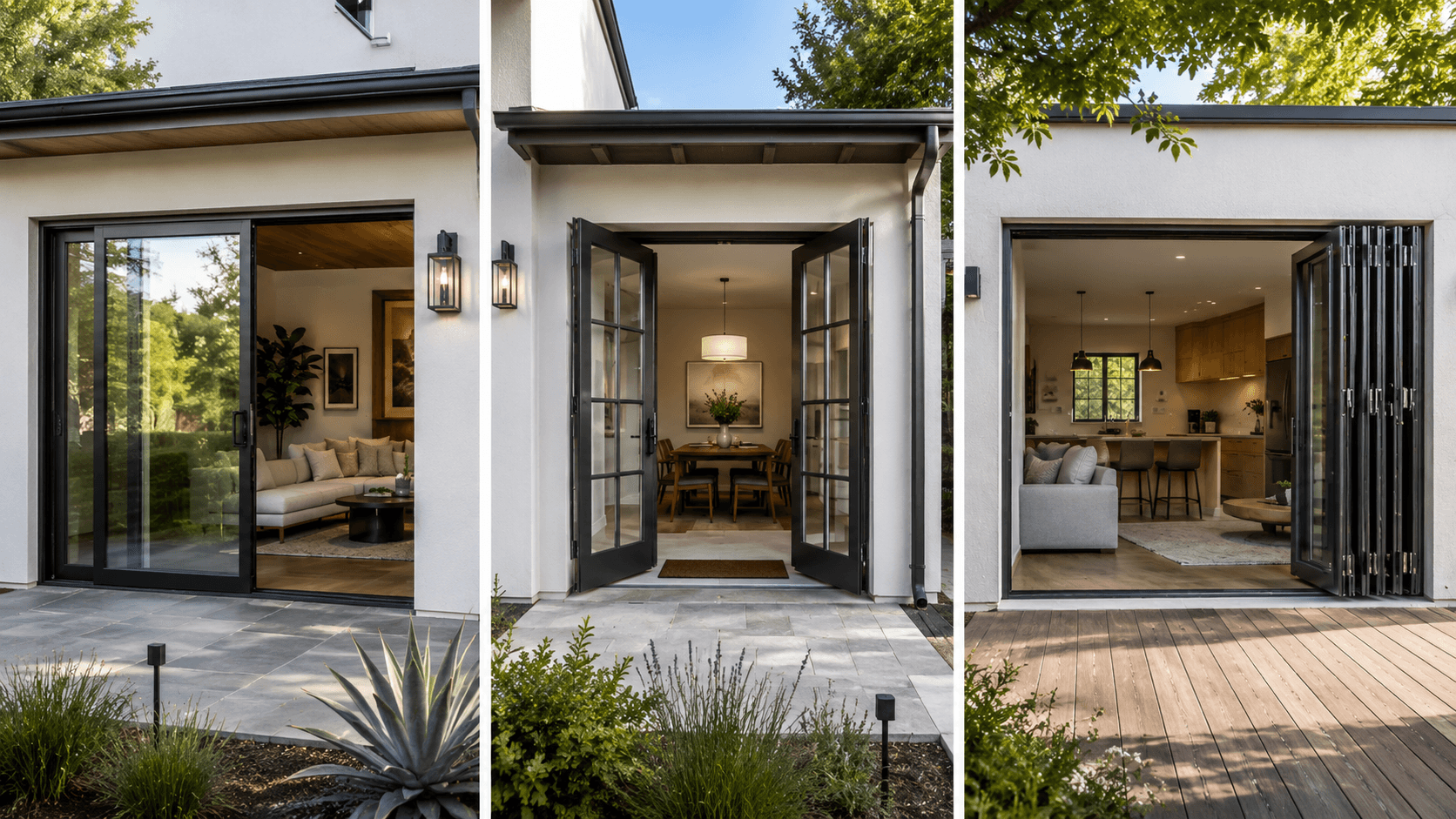 Sliding, French and bi-fold patio doors shown in modern residential indoor-outdoor settings