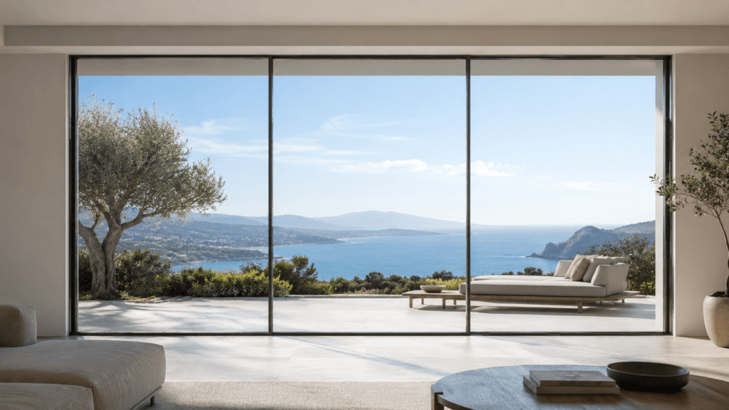 High-end slim-profile sliding glass door with minimal black framing, large glass panels and recessed tracks in a modern home
