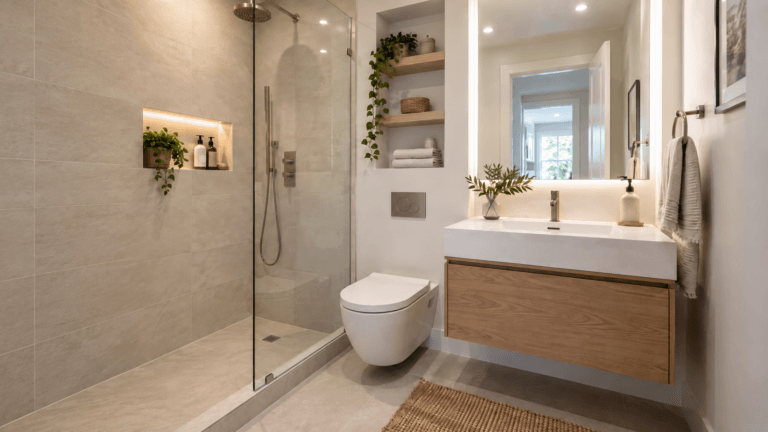 Small modern bathroom with walk-in glass shower, floating vanity, recessed storage and large illuminated mirror