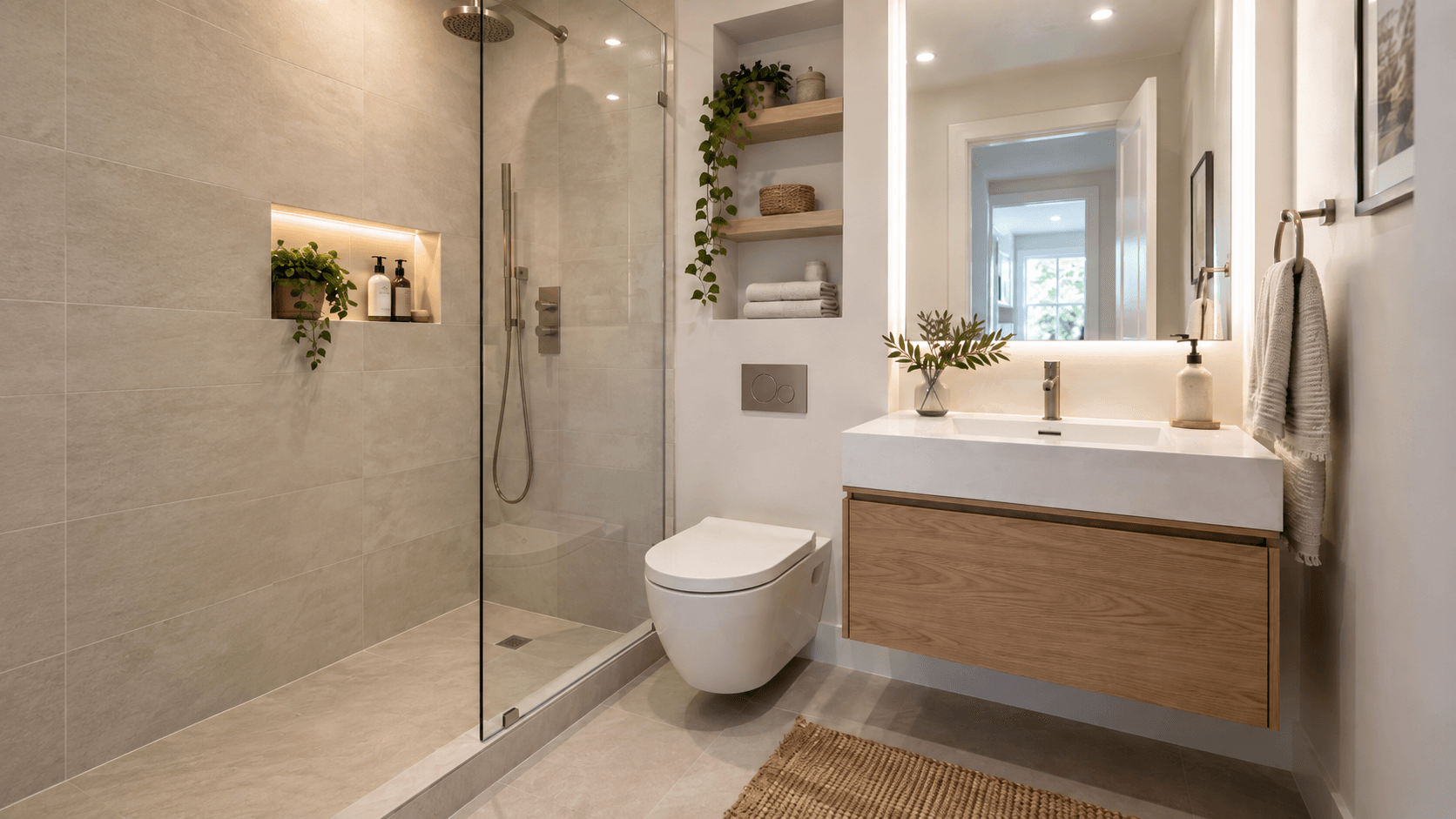 Small modern bathroom with walk-in glass shower, floating vanity, recessed storage and large illuminated mirror