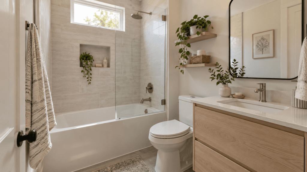 Small bathroom with bathtub and clear glass shower enclosure, compact vanity and open sightlines