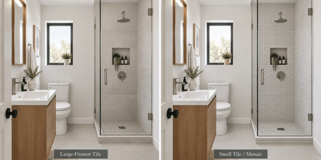 Side-by-side comparison of large-format tile and small mosaic tile in compact bathrooms