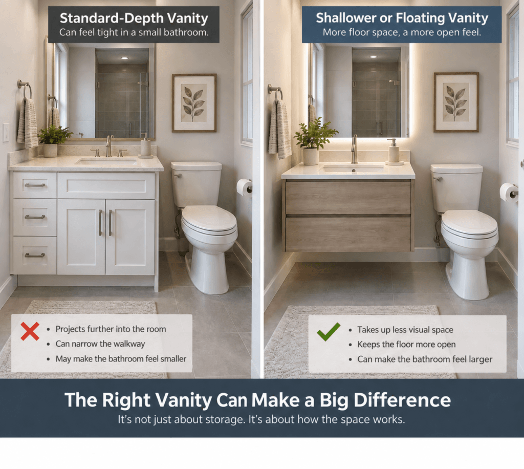 Comparison of a standard-depth vanity and a shallower floating vanity in a small bathroom