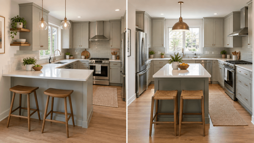 Side-by-side small kitchen comparison showing a peninsula layout and a freestanding island layout