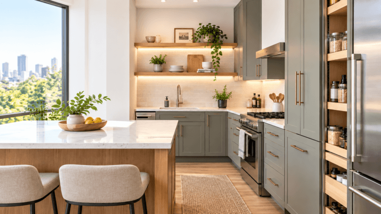 Small remodeled kitchen with compact layout, island seating, tall storage cabinets and pull-out pantry