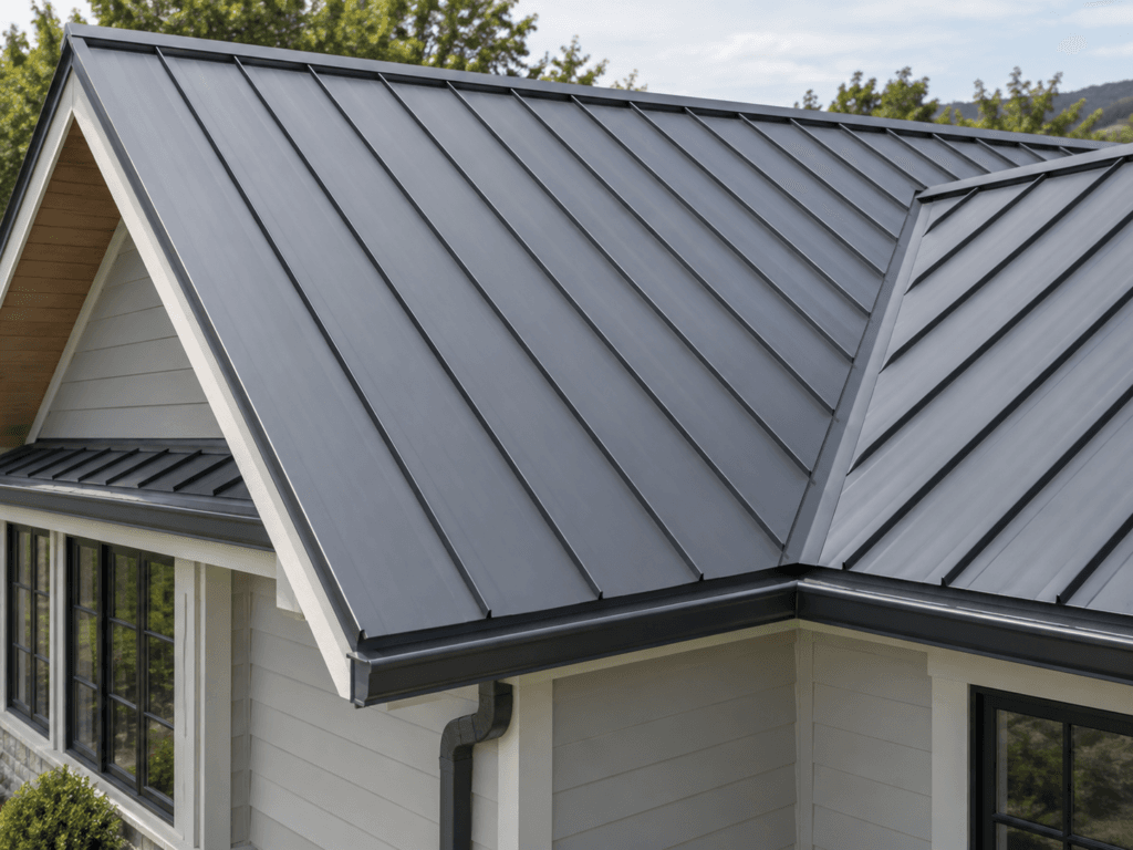Close-up of a standing-seam metal roof on a residential home