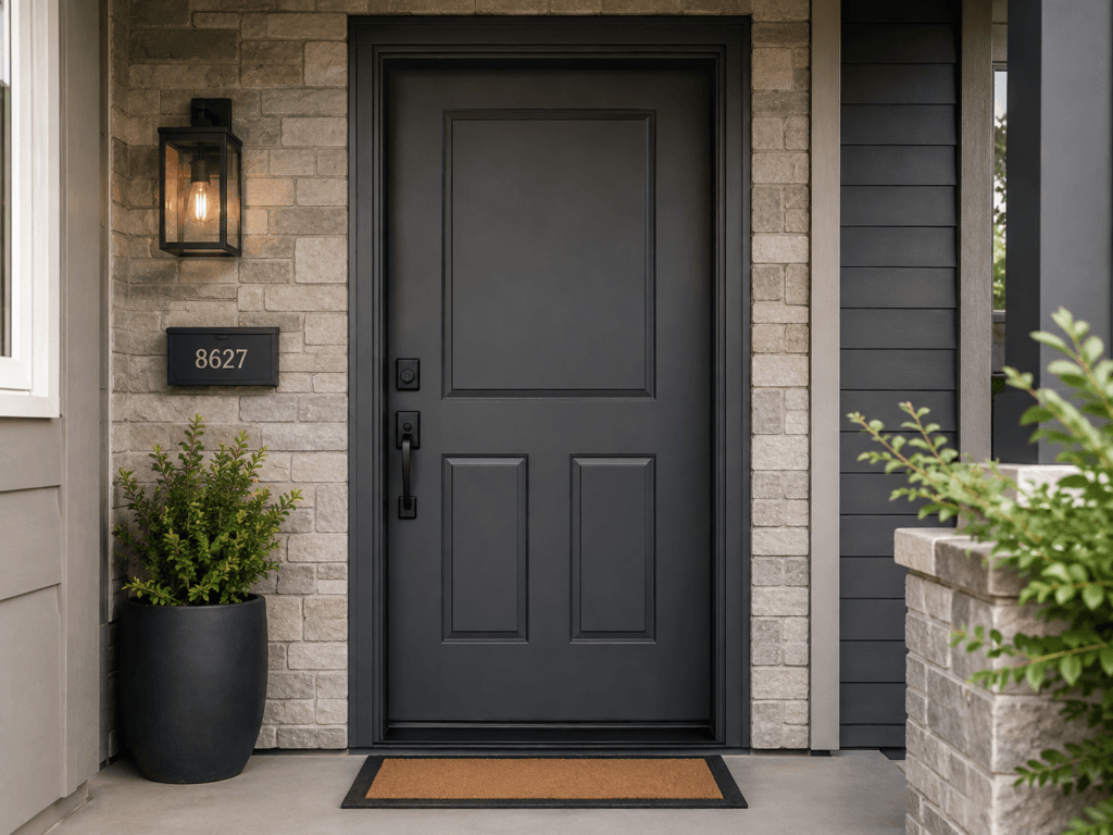 Painted steel residential entry door with black hardware, insulated construction and exterior frame
