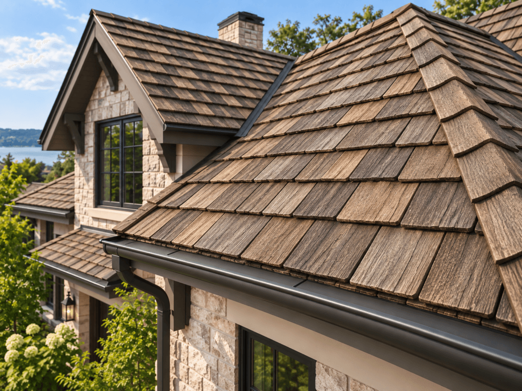 Close-up of synthetic composite shake roofing designed to resemble natural wood shakes
