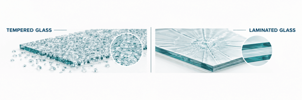 Tempered and laminated door safety glass comparison showing tempered glass breaking into small pieces and laminated glass remaining bonded to an interlayer