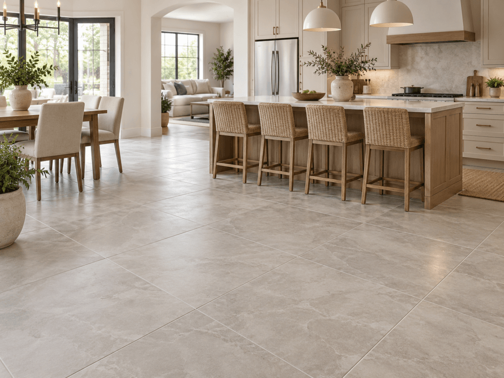 Open-plan kitchen with large-format neutral tile flooring extending through the living space