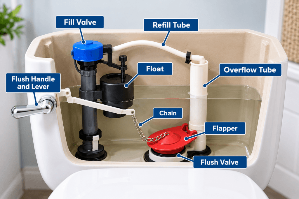 Toilet tank parts diagram showing the fill valve, float, refill tube, overflow tube, chain, flapper and flush valve