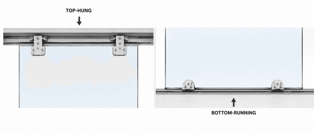 Top-hung and bottom-running glass door comparison showing panel weight supported at the overhead track versus floor track