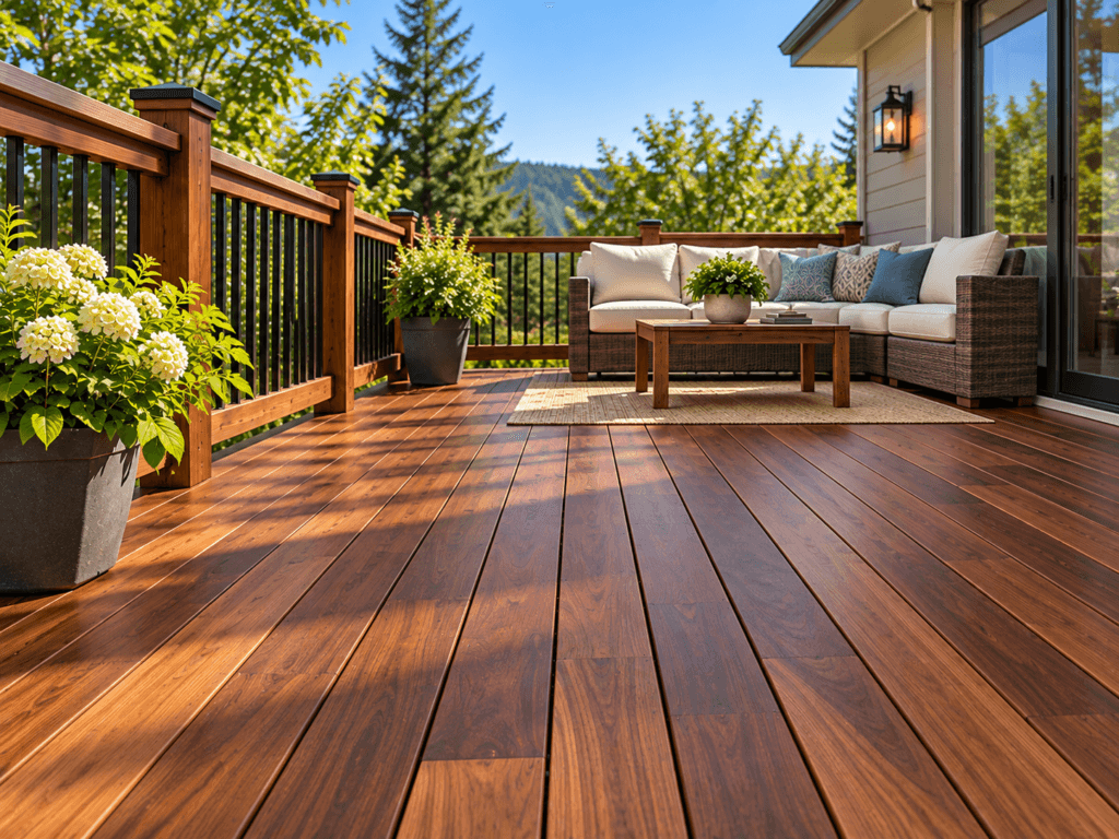 Tropical hardwood deck with dense dark wood grain and premium finished boards