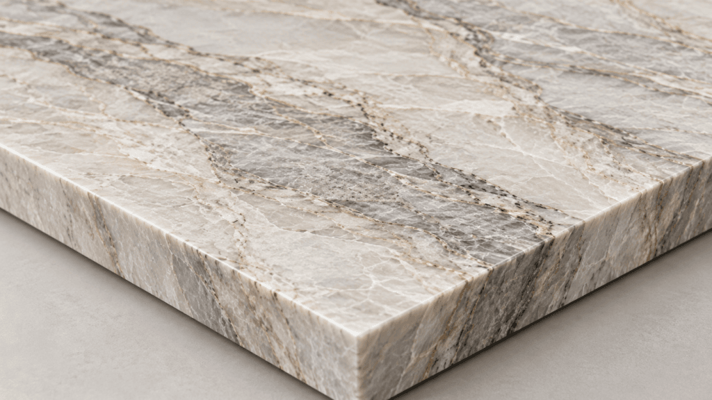 Natural quartzite countertop slab corner with soft veining