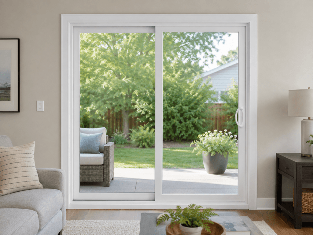 White vinyl sliding patio door with insulated glass panels connecting a residential living room to an outdoor patio