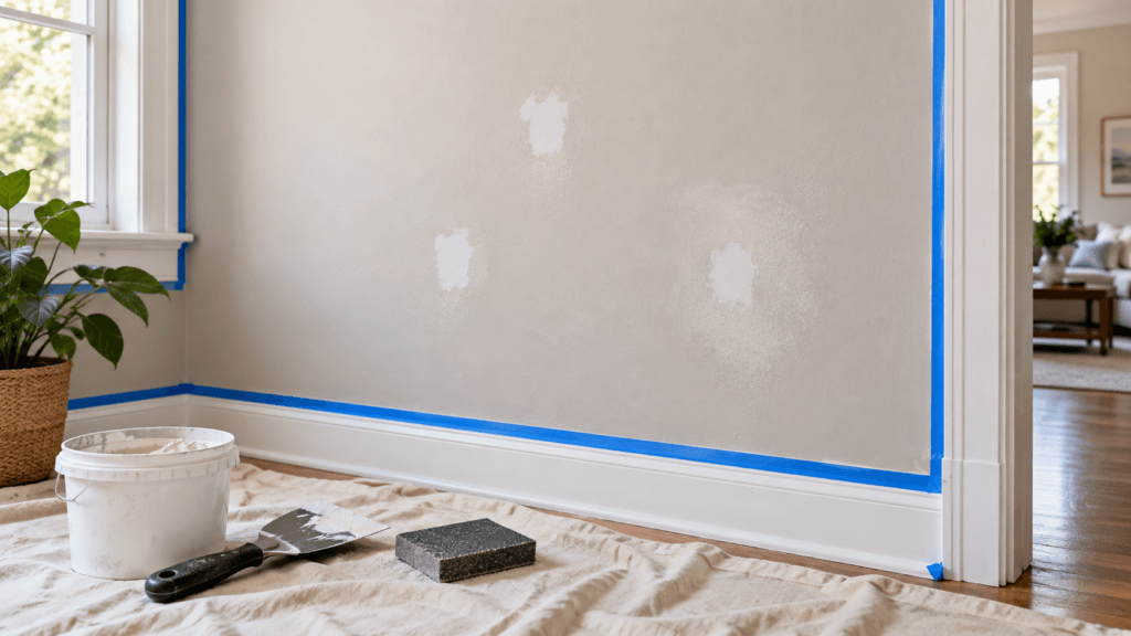 Patched and sanded drywall repairs prepared before painting an interior wall