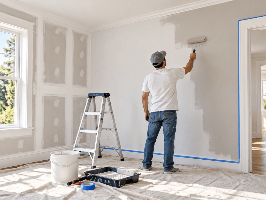 Interior home renovation showing unfinished drywall, taped joints and a homeowner painting a finished wall