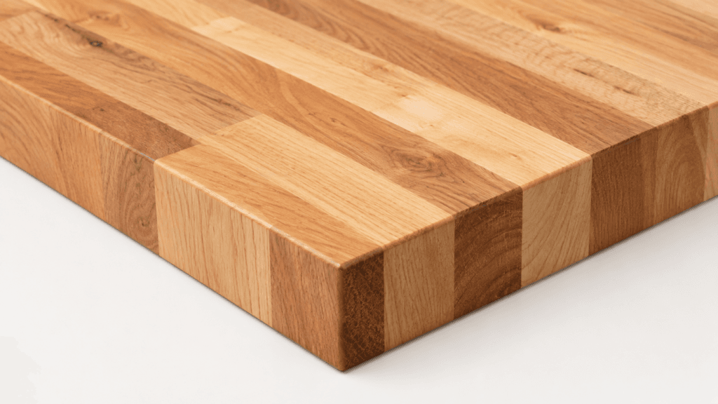 Butcher block countertop corner in warm natural wood