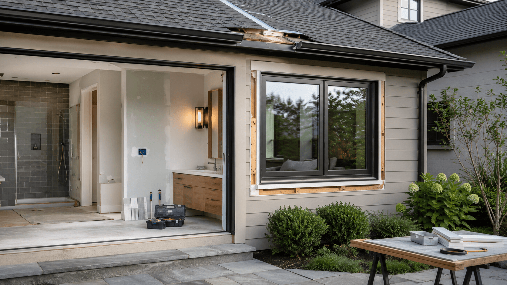 Residential home showing several renovation priorities including exterior repairs, windows, doors and interior improvements