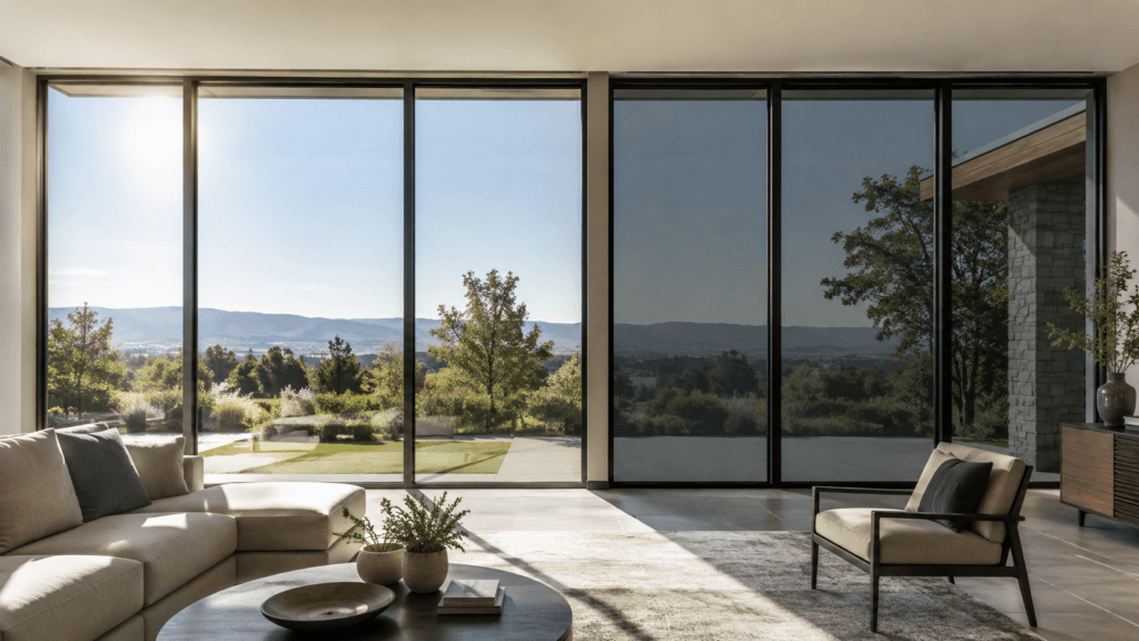 Modern residential windows comparing solar-control window film with electrochromic smart glass in natural daylight