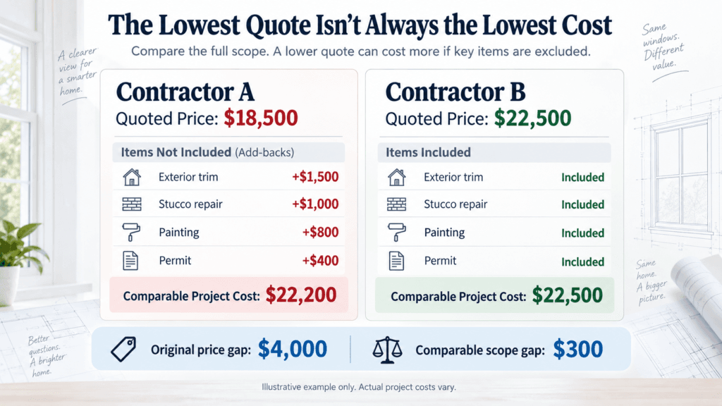 Window replacement quote comparison showing how excluded work can reduce the apparent price difference between contractors