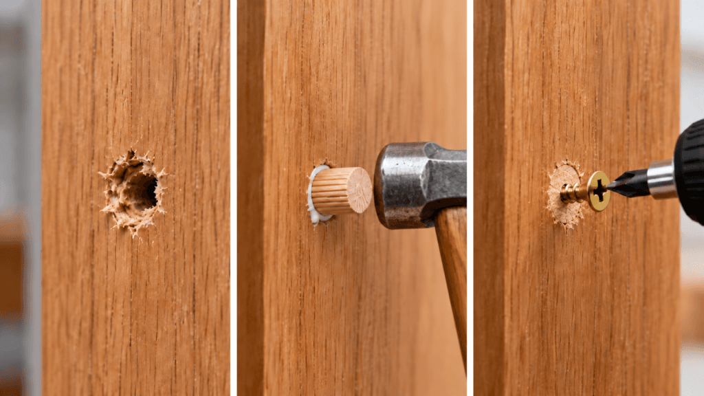 Three-step wood dowel repair for a stripped screw hole showing damage, dowel installation and screw reinstallation
