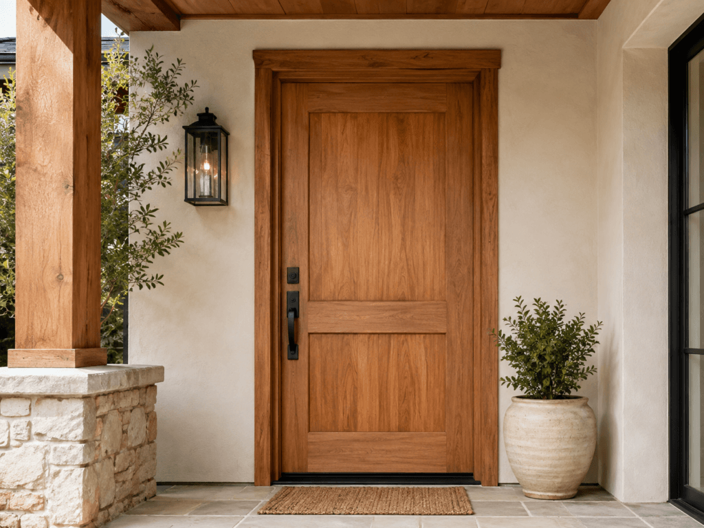 Solid wood residential entry door with natural grain, black hardware, exterior trim and covered porch