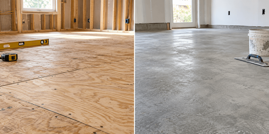 Side-by-side comparison of a plywood wood subfloor and a concrete slab in a clean residential renovation setting before flooring installation.