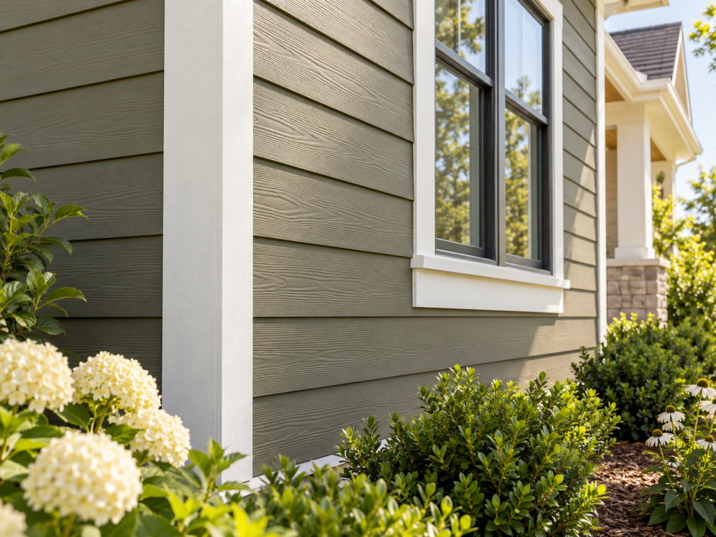 Sage green engineered wood lap siding with white trim on a residential exterior