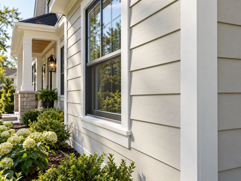 Light fiber cement lap siding with white trim on a residential exterior