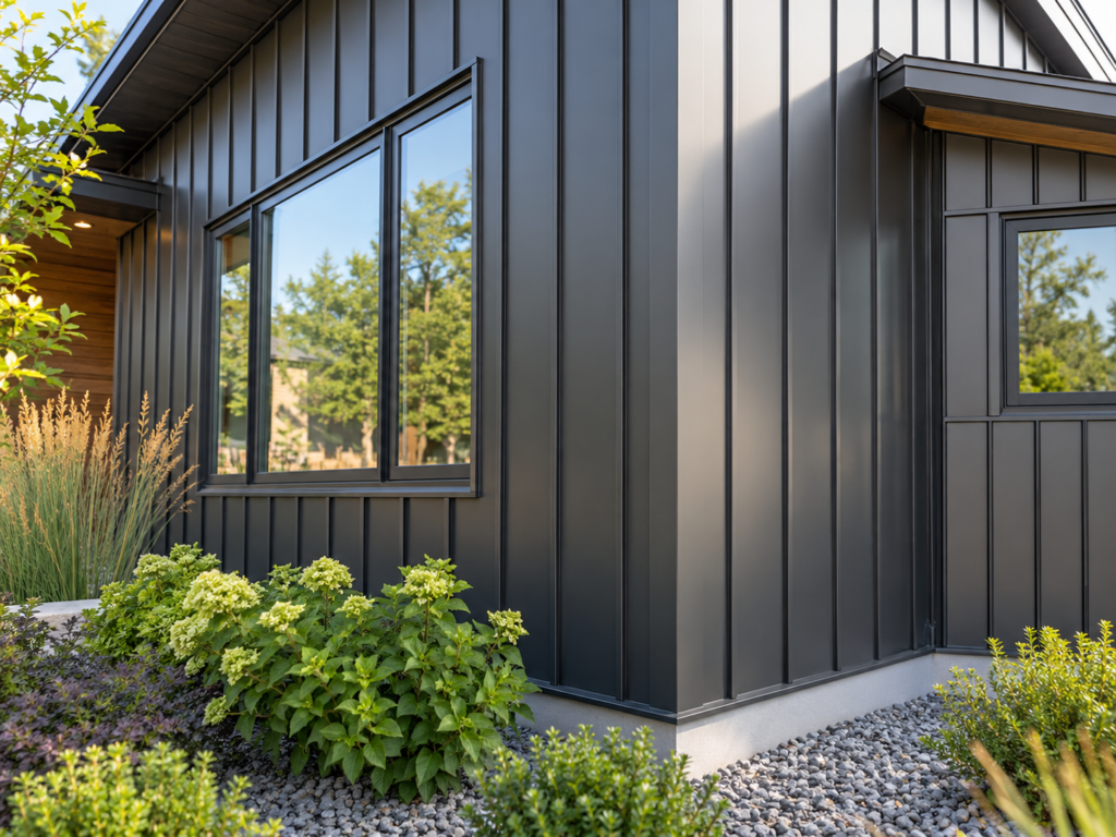 Dark vertical metal siding with black-framed windows on a modern home exterior