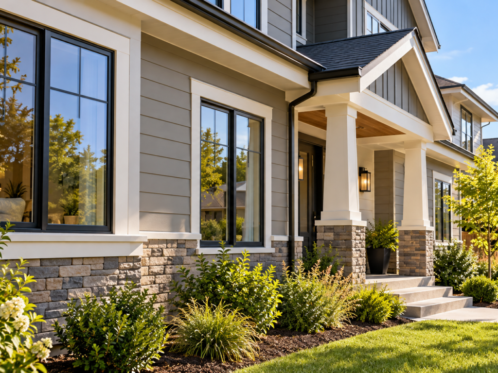 Siding and exterior of modern home with lap siding, trim and stone veneer