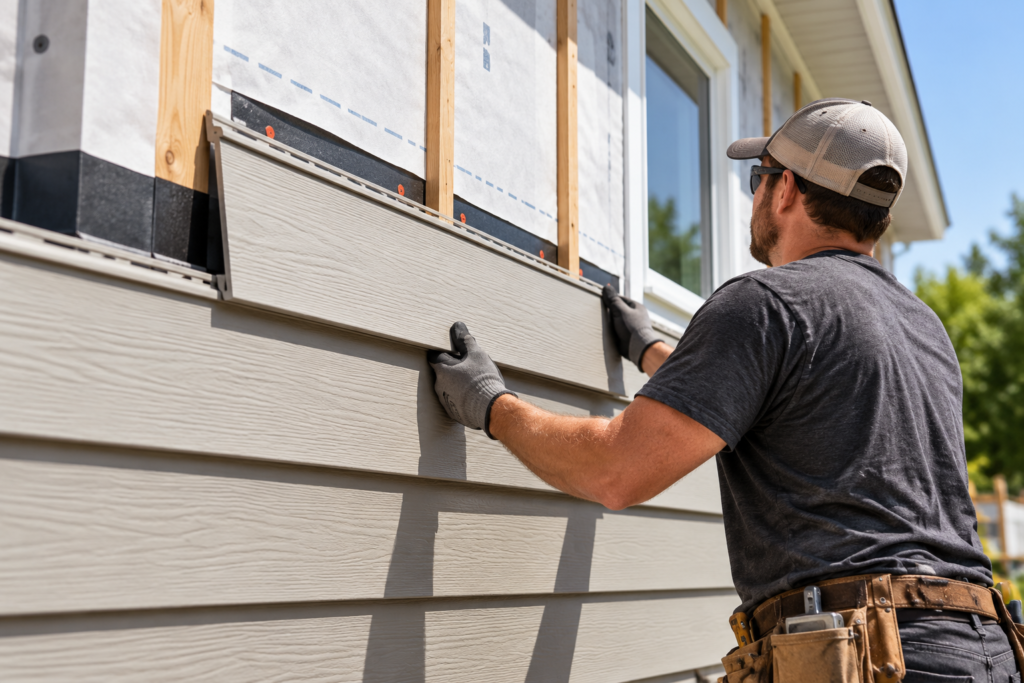 Siding installation on a residential exterior with weather barrier and lap siding