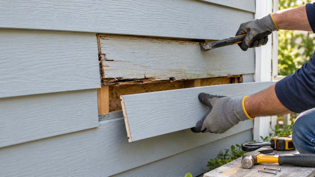 Siding repair and maintenance showing a damaged lap siding board being removed and replaced