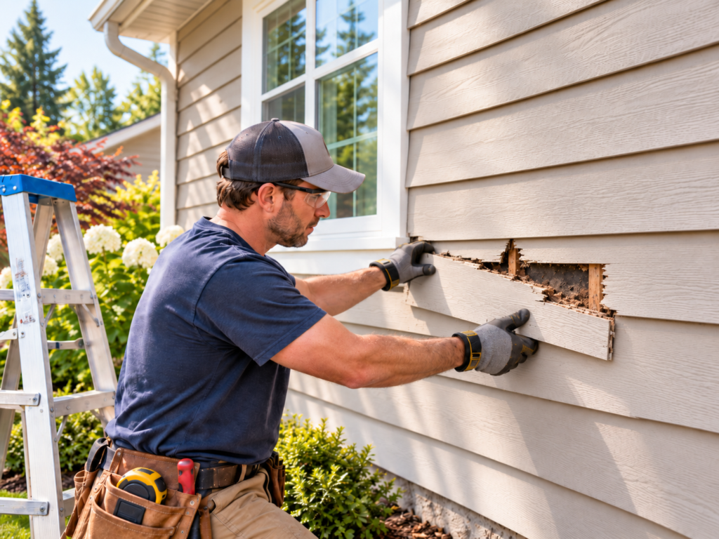 Siding repair and maintenance on a home exterior with a damaged lap siding panel being removed