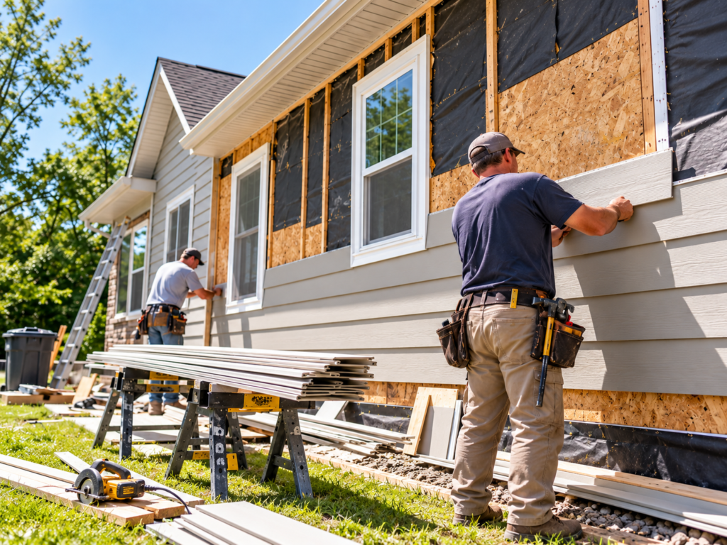 Siding replacement cost project with workers installing new lap siding on a residential exterior