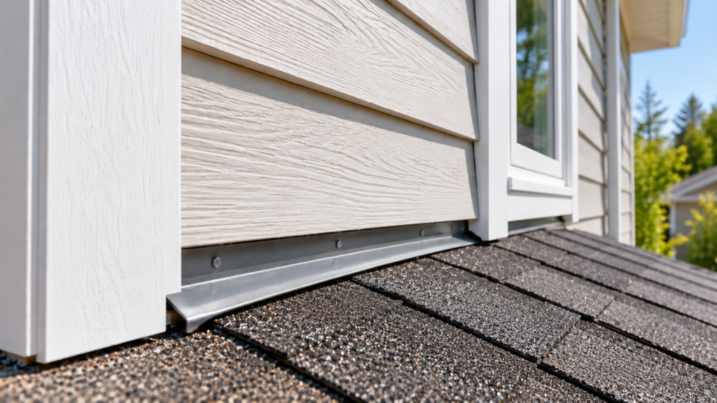 Siding installation with proper roof clearance and flashing at a roof-to-wall intersection