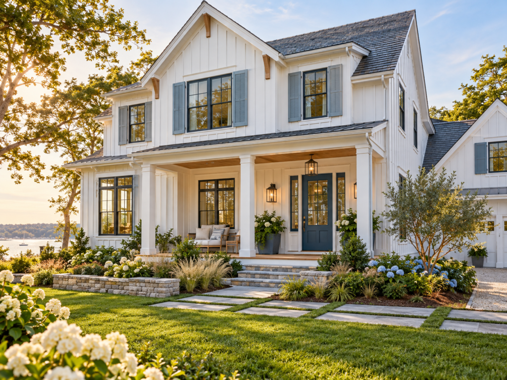 Siding types guide featuring white board-and-batten siding on a modern farmhouse