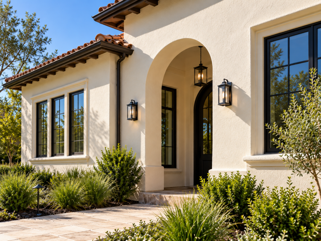 Cream stucco exterior with arched entry, dark windows and clay tile roof
