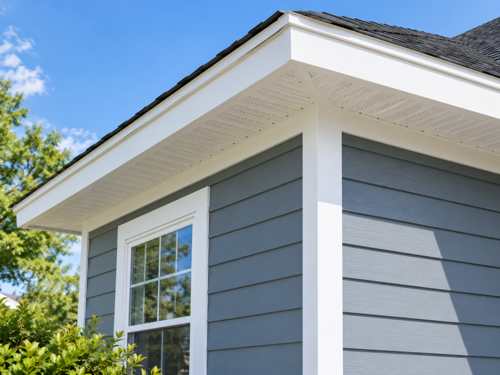 Trim soffit and fascia on a residential exterior with vented eaves and white corner trim