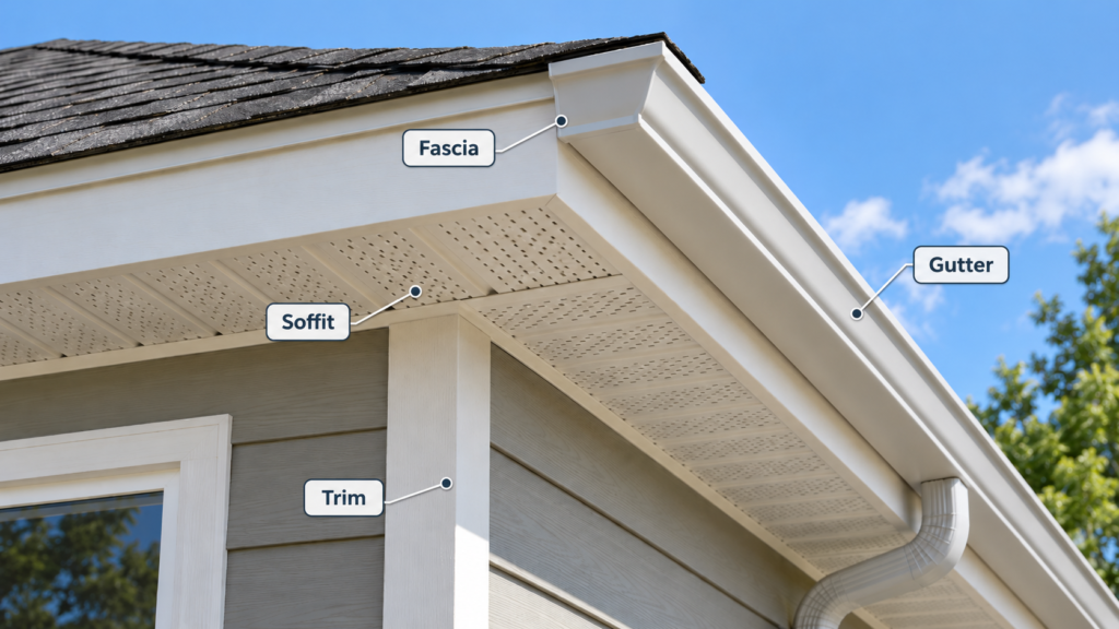 Trim soffit and fascia labeled on a residential roof edge with gutter and vented soffit