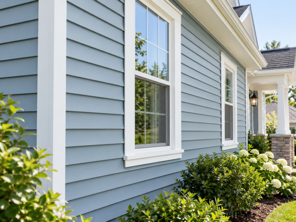 Blue-gray vinyl siding with white trim on a residential exterior