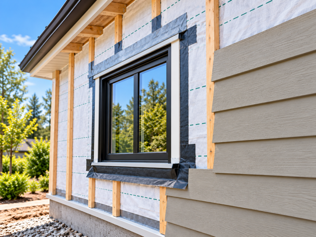 Weather barriers and flashing around a residential window before siding installation