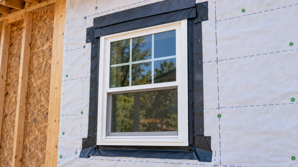 Weather barriers and flashing installed around a residential window before siding