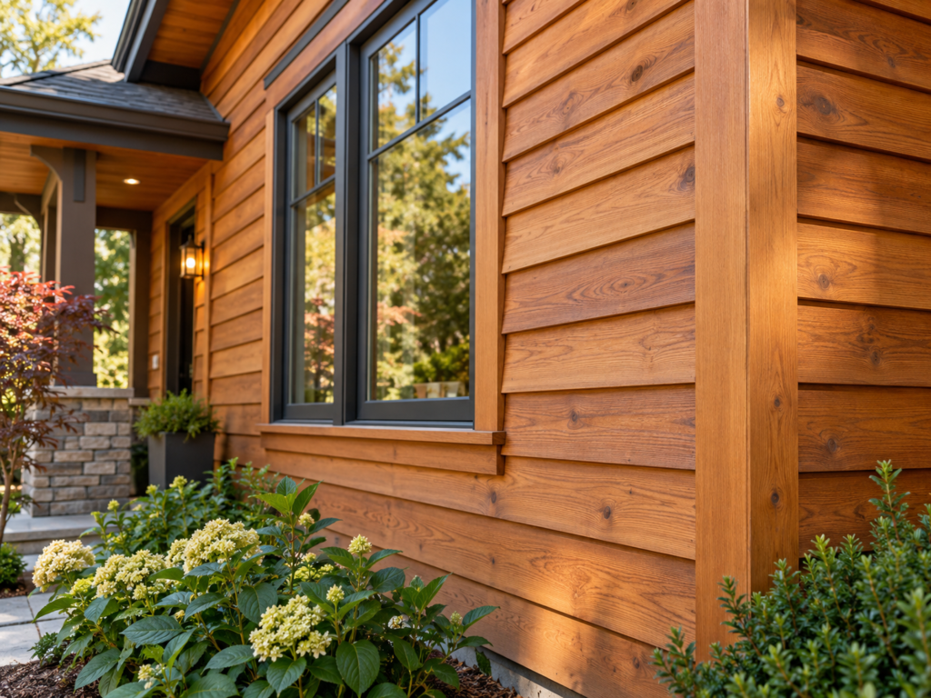 Natural wood lap siding with dark window trim on a residential exterior